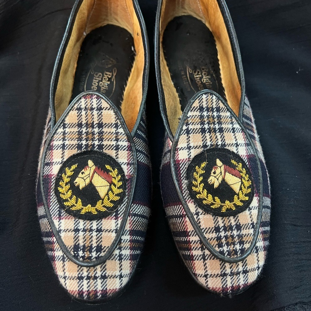 Belgian Shoes Loafers Womens 6.5 Plaid Horse Head Embroidery Mr Casual Belgium